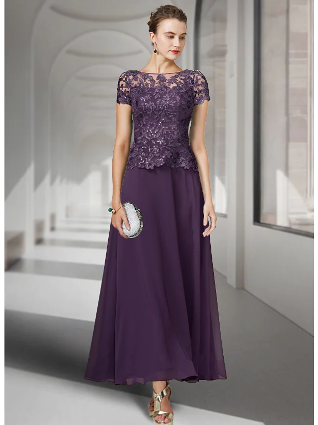 Luolandi A-Line Mother of the Bride Dress Elegant Jewel Neck Ankle Length Chiffon Lace Short Sleeve with Pleats Appliques Grape