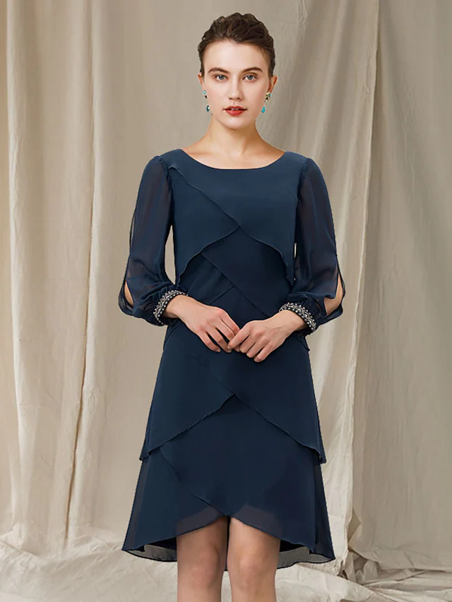 Luolandi A-Line Mother of the Bride Dress Elegant Jewel Neck Asymmetrical Short Mini Chiffon Short Sleeve