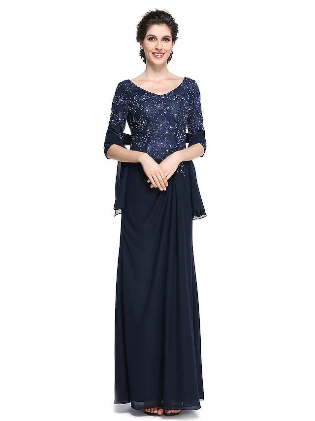 Luolandi Mother of the Bride Dress Elegant V Neck Ankle Length Chiffon Lace Half Sleeve with Lace Dark Navy