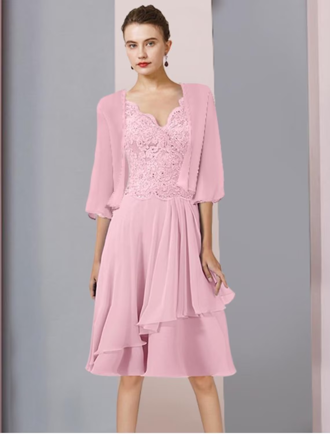 Luolandi Two Piece A-Line Mother of the Bride Dress Formal Wedding Guest Elegant V Neck Knee Length Chiffon Lace 3/4 Length Sleeve Wrap Included with Beading