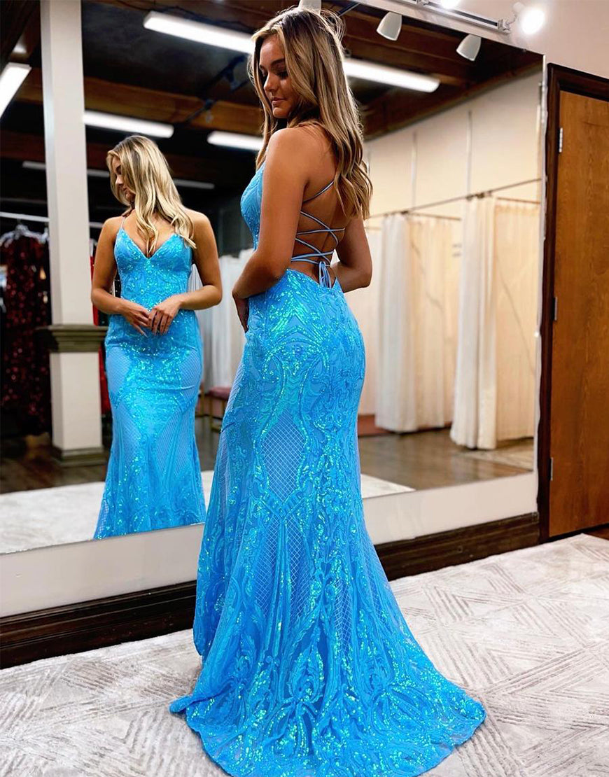 Luolandi Lace Mermaid Long Prom Dress V-neck Evening Dresses Sexy Royal Blue