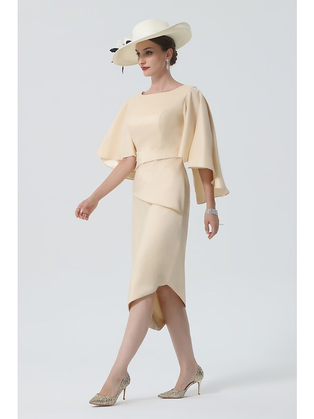 Luolandi Mother of the Bride Dress Elegant Jewel Neck Knee Length Charmeuse Half Sleeve with Tier Pure Color