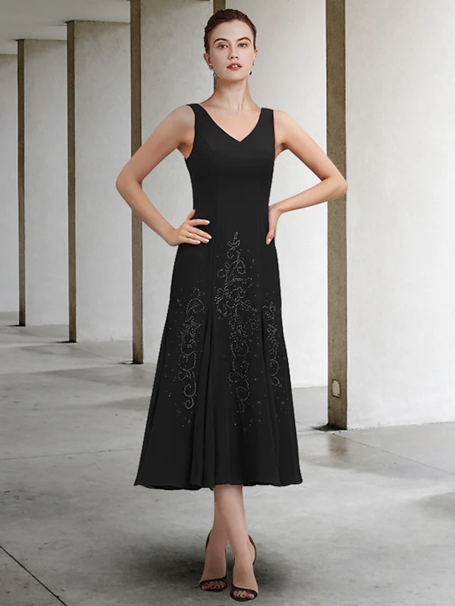 Luolandi A-Line Mother of the Bride Dress Elegant V Neck Ankle Length Chiffon Sleeveless with Beading Black