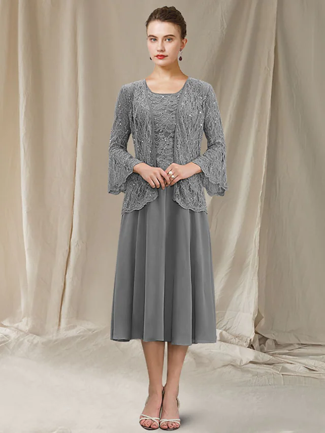 Luolandi Two Piece A-Line Mother of the Bride Dress Elegant Jewel Neck Tea Length Chiffon Lace Sleeveless