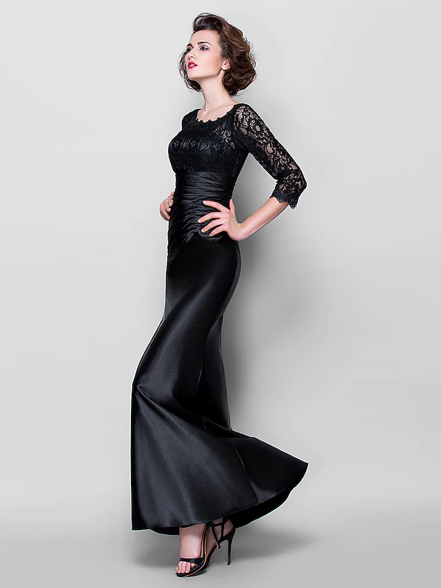 Luolandi Mother of the Bride Dress See Through Jewel Neck Floor Length Satin Lace Over Satin Length Sleeve with Lace