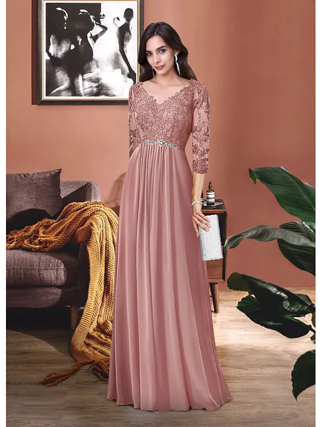 Luolandi Mother of the Bride Dress Elegant V Neck Floor Length Chiffon Lace 3/4 Length Sleeve with Pleats Appliques Dusty Rose