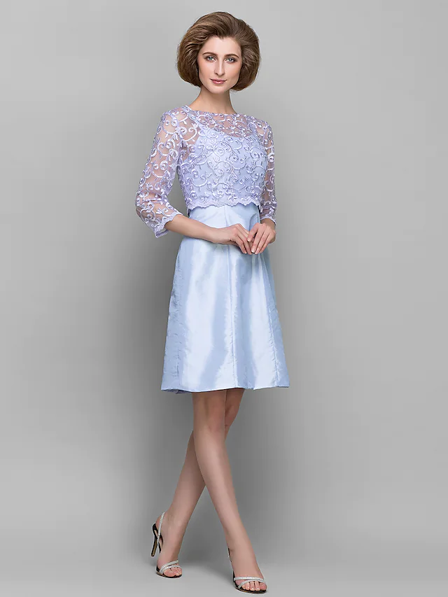 Luolandi Mother of the Bride Dress Convertible Dress Bateau Neck Knee Length Lace Taffeta Length Sleeve with Lace