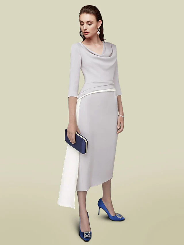 Luolandi Mother of the Bride Dress Elegant Jewel Neck Tea Length Italy Satin Half Sleeve with Ruching Light gray