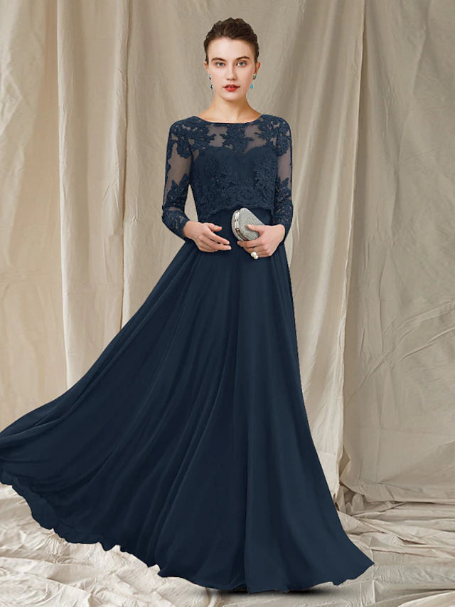 Luolandi A-Line Mother of the Bride Dress Elegant Jewel Neck Floor Length Chiffon Lace Long Sleeve