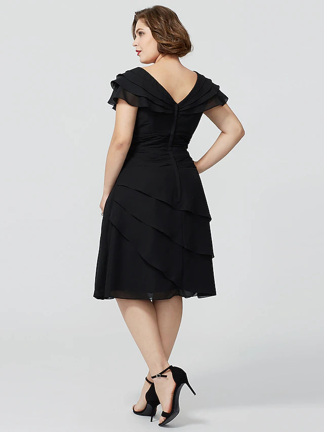 Luolandi A-Line Mother of the Bride Dress Plus Size Elegant Sexy V Neck Knee Length Chiffon Short Sleeve No with Beading