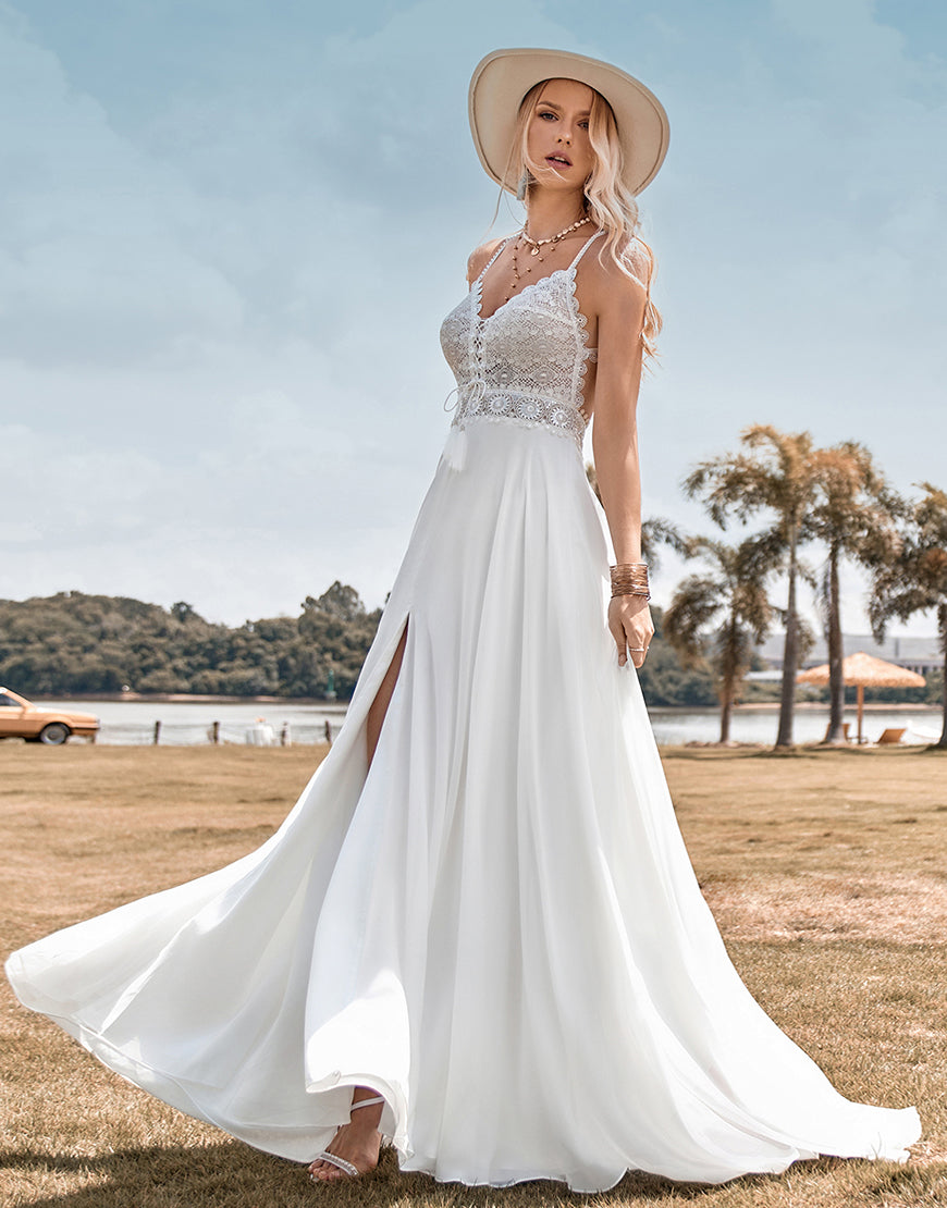 Luolandi Lace Backless Spaghetti Straps Boho Wedding Dress with with Slit Floor Length Ivory Sexy