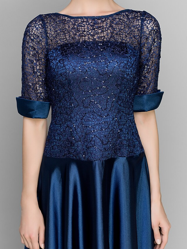 Luolandi A-Line Mother of the Bride Dress See Through Bateau Neck Ankle Length Satin Half Sleeve with Lace