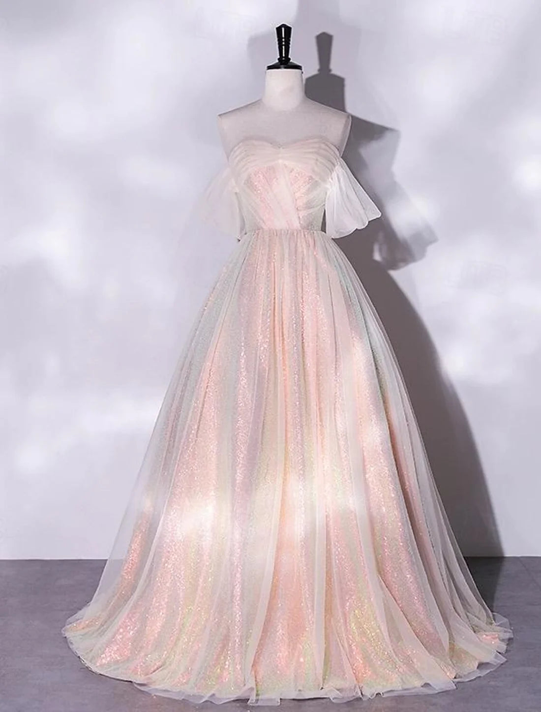 Luolandi A-Line Prom Dresses Glittering Dress Quinceanera Birthday Floor Length Short Sleeve Off Shoulder Tulle with Ruched Sparkly