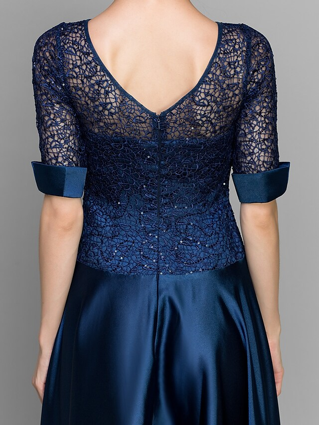 Luolandi A-Line Mother of the Bride Dress See Through Bateau Neck Ankle Length Satin Half Sleeve with Lace