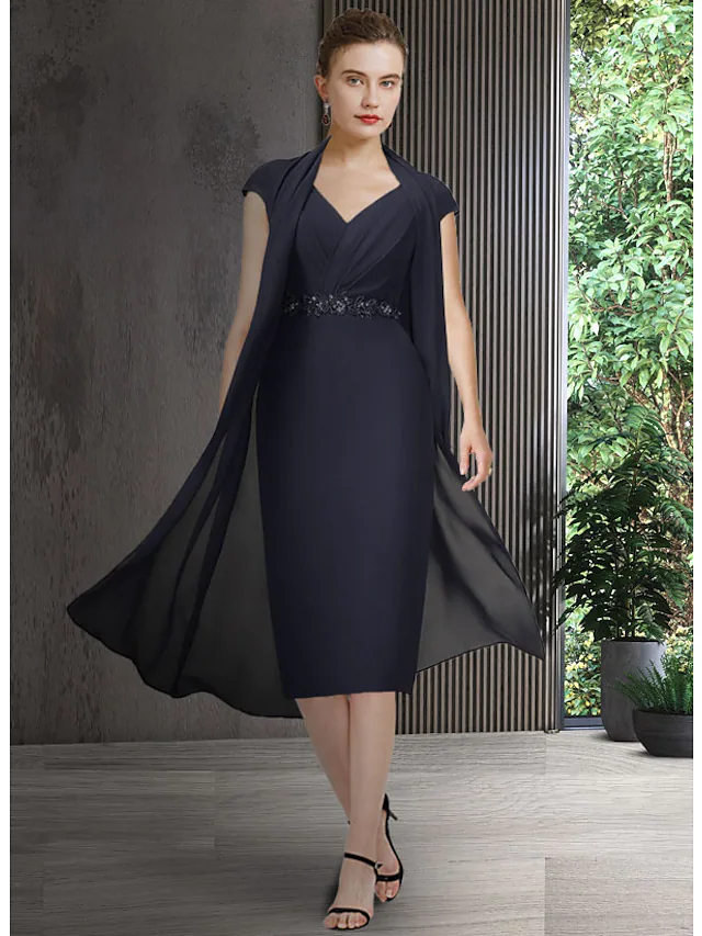Luolandi Mother of the Bride Dress Elegant V Neck Knee Length Chiffon Short Sleeve with Sash