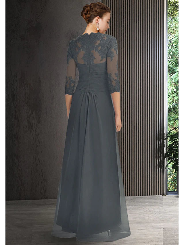 Luolandi Two Piece Sheath / Column Mother of the Bride Dress Elegant High Low Bateau Neck Asymmetrical Chiffon Lace 3/4 Length Sleeve Jacket Dresses with Draping