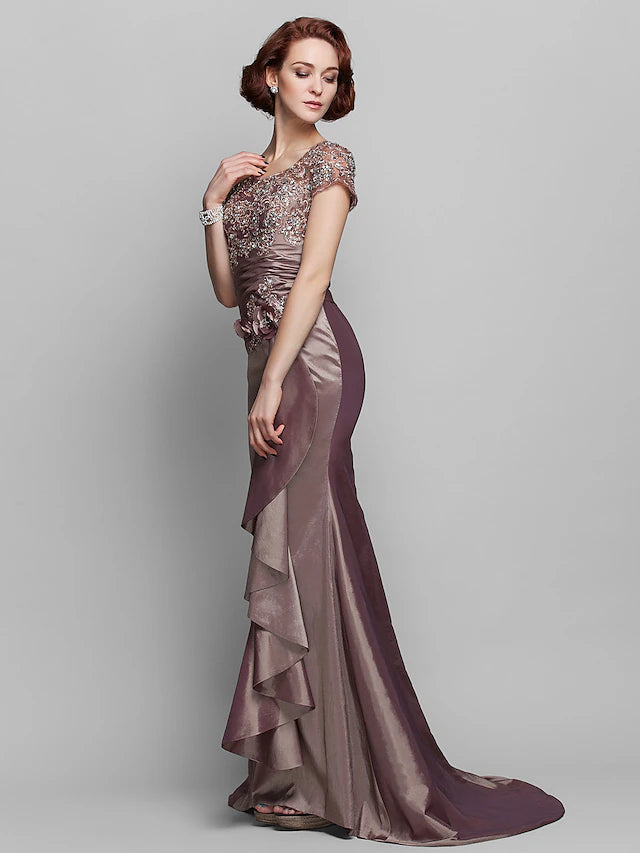 Luolandi Mermaid / Trumpet Mother of the Bride Dress Scoop Neck Sweep / Brush Train Taffeta Beaded Lace Short Sleeve