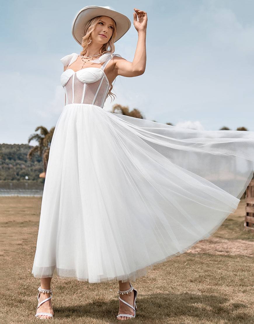 Luolandi Ivory Tulle Corset Tea-Length A Line Wedding Dress Sexy