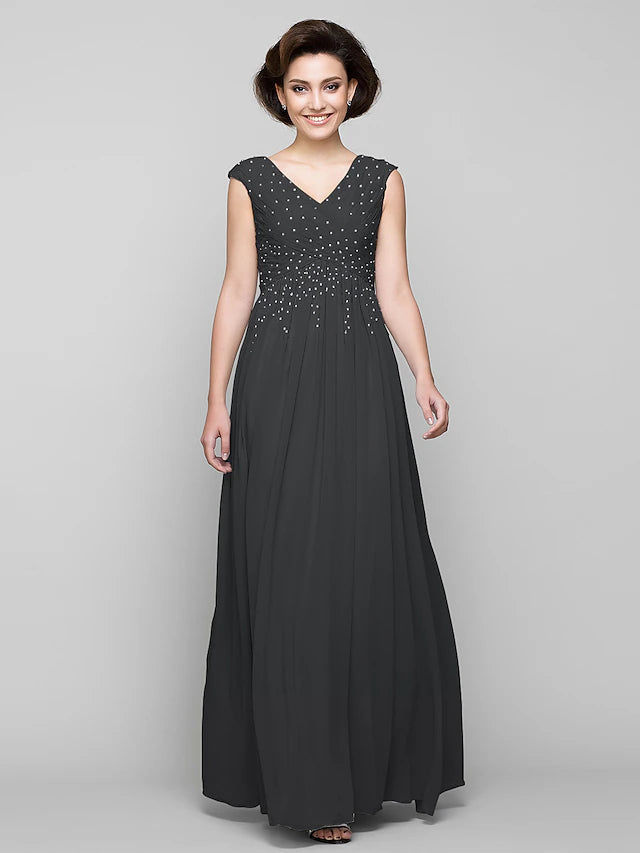 Luolandi A-Line Mother of the Bride Dress Elegant V Neck Floor Length Chiffon Sleeveless with Beading