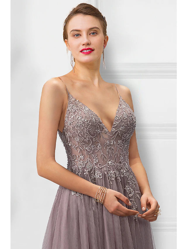 Luolandi A-Line Prom Dresses Floral Dress Party Wear Floor Length Sleeveless Spaghetti Strap Tulle