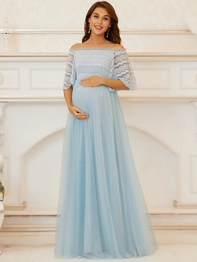Luolandi A-Line Mother of the Bride Dress Maternity Elegant Off Shoulder Floor Length Lace Tulle Sleeveless