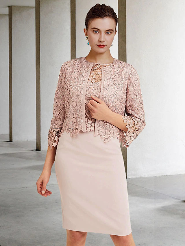Luolandi Two Piece Sheath / Column Mother of the Bride Dress Church Elegant Jewel Neck Knee Length Chiffon Lace Short Sleeve Short Jacket Dresses with Ruffles