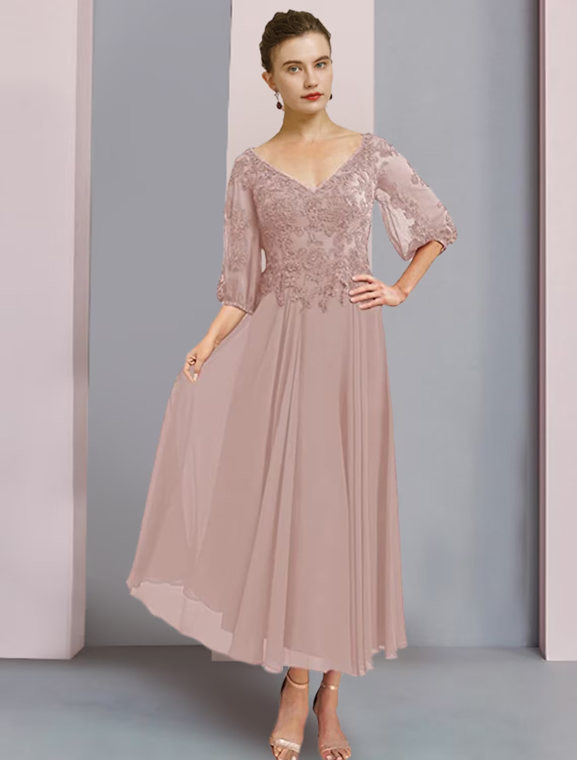 Luolandi Two Piece A-Line Mother of the Bride Dress Formal Wedding Guest Elegant V Neck Chiffon Lace 3/4 Length Sleeve Wrap Included with Pleats