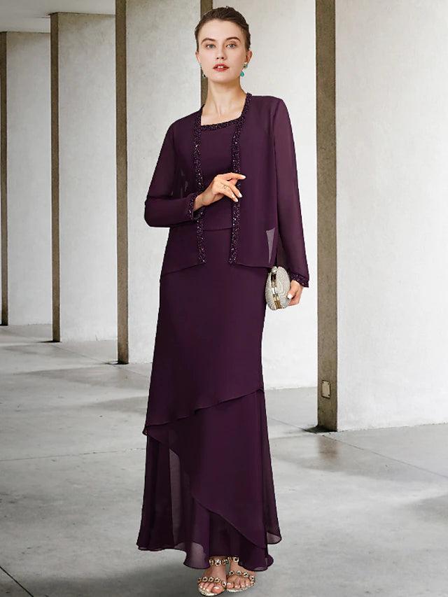 Luolandi Two Piece A-Line Mother of the Bride Dress Plus Size Elegant Square Neck Ankle Length Chiffon Sleeveless Wrap Included Jacket Dresses with Pearls Beading