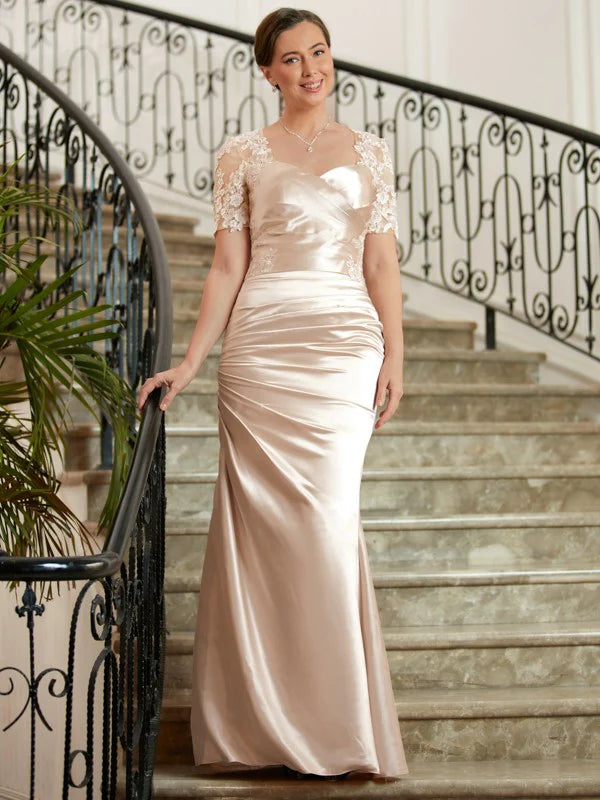 Luolandi Sheath/Column Satin Lace Sweetheart Short Sleeves Floor-Length Mother of the Bride Dresses Beautiful