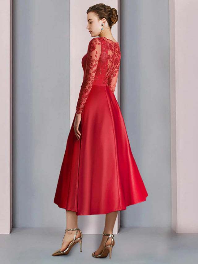 Luolandi A-Line Mother of the Bride Dress Formal Wedding Guest Vintage Elegant Square Neck Tea Length Satin Lace Fabric Long Sleeve with Bow(s)