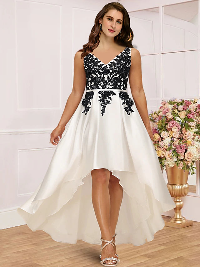 Luolandi Plus Size Curve Mother of the Bride Dress Wedding Guest Party Elegant V Neck Asymmetrical Satin Lace Sleeveless