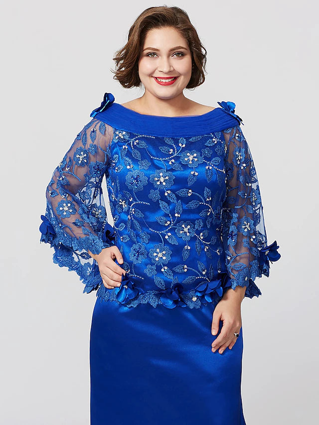 Luolandi Mermaid / Trumpet Mother of the Bride Dress Formal Plus Size Elegant Bateau Neck Sweep / Brush Train Lace Over Charmeuse Long Sleeves