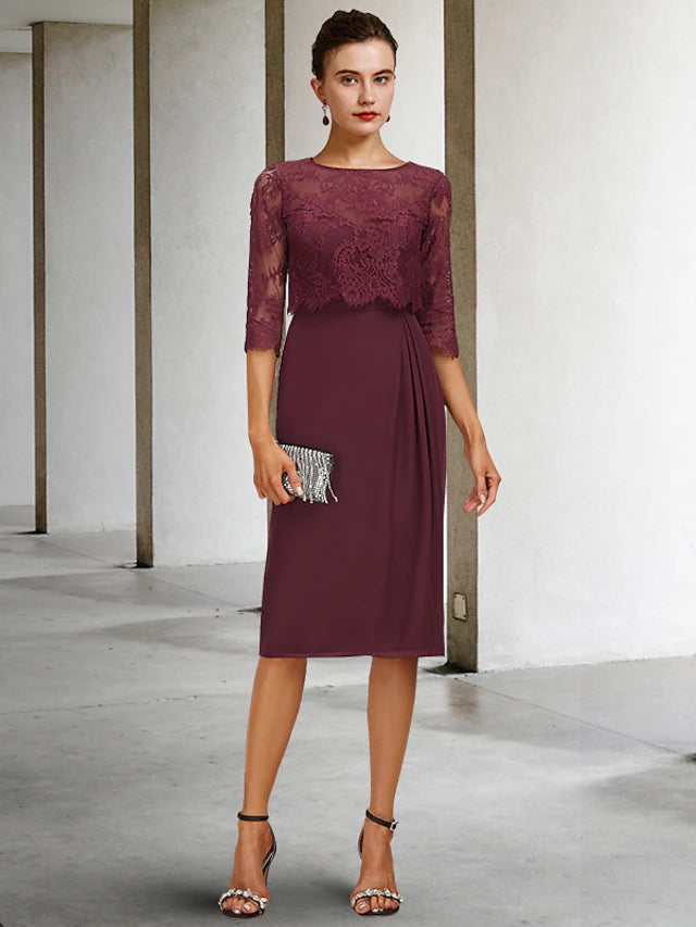 Luolandi A-Line Mother of the Bride Dress Vintage Elegant Jewel Neck Knee Length Chiffon Lace Half Sleeve with Lace