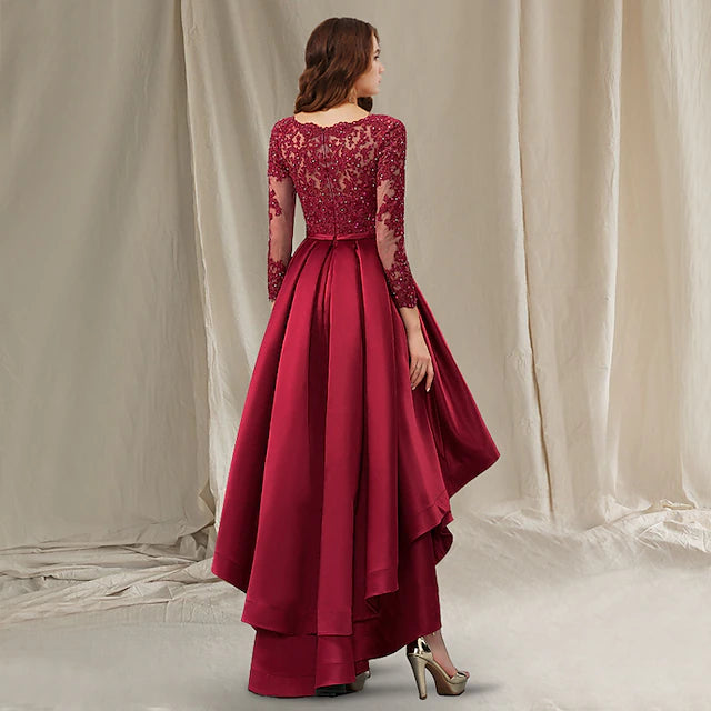 Luolandi A-Line Mother of the Bride Dress Luxurious Elegant High Low V Neck Asymmetrical Floor Length Satin Lace Half Sleeve with Beading