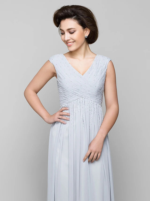 Luolandi A-Line Mother of the Bride Dress Elegant V Neck Floor Length Chiffon Sleeveless with Beading