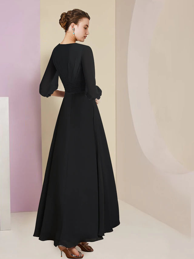 Luolandi A-Line Mother of the Bride Dress Formal Wedding Guest Vintage Elegant V Neck Asymmetrical Ankle Length Chiffon 3/4 Length Sleeve