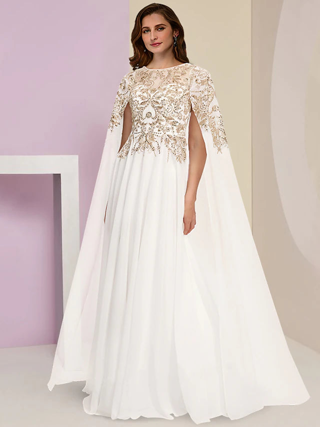 Luolandi Plus Size Curve Mother of the Bride Dress Wedding Guest Party Luxurious Jewel Neck Floor Length Chiffon Lace Sequined Long Sleeve