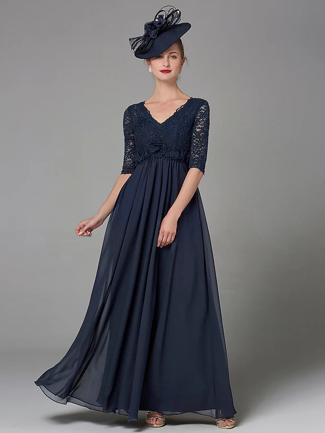 Luolandi A-Line Mother of the Bride Dress Elegant & Luxurious V Neck Floor Length Chiffon Lace Half Sleeve with Lace