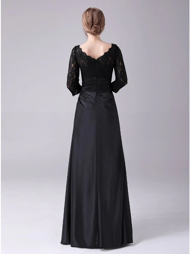 Luolandi Mermaid / Trumpet Mother of the Bride Dress Plus Size Elegant Jewel Neck Floor Length Satin 3/4 Length Sleeve with Lace