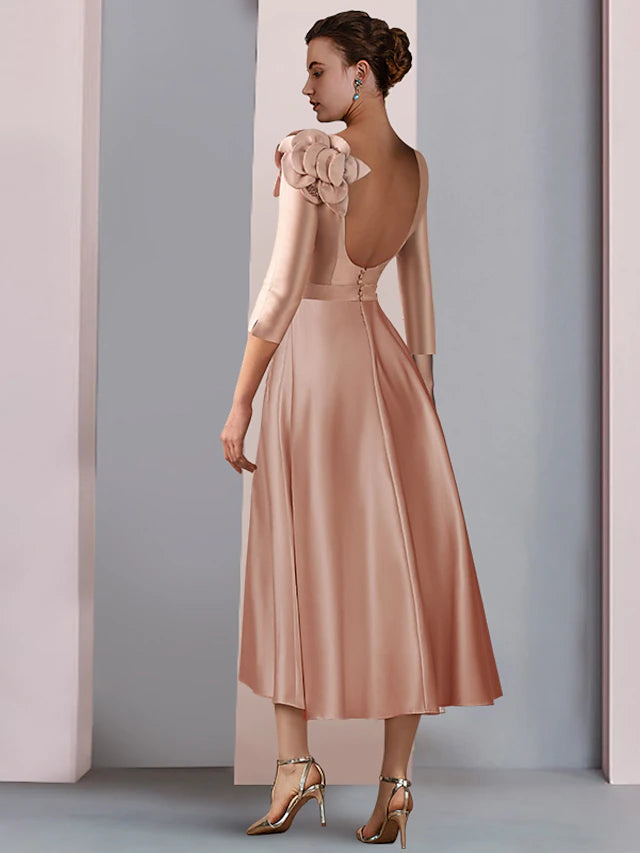 Luolandi A-Line Mother of the Bride Dress Formal Wedding Guest Party Elegant V Neck Tea Length Satin Lace Half Sleeve with Flower Beautiful