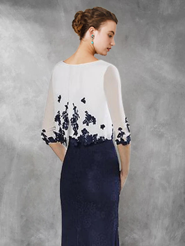 Luolandi Two Piece Sheath / Column Mother of the Bride Dress Wedding Guest Vintage Elegant Jewel Neck Floor Length Chiffon Lace Half Sleeve with Appliques