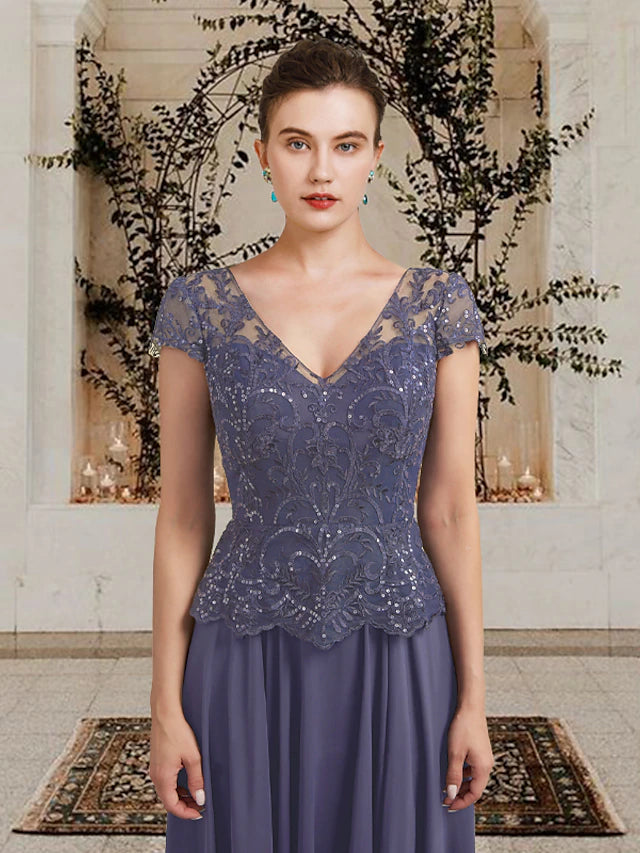 Luolandi A-Line Mother of the Bride Dress Plus Size Elegant V Neck Floor Length Chiffon Lace Sequined Short Sleeve with Appliques