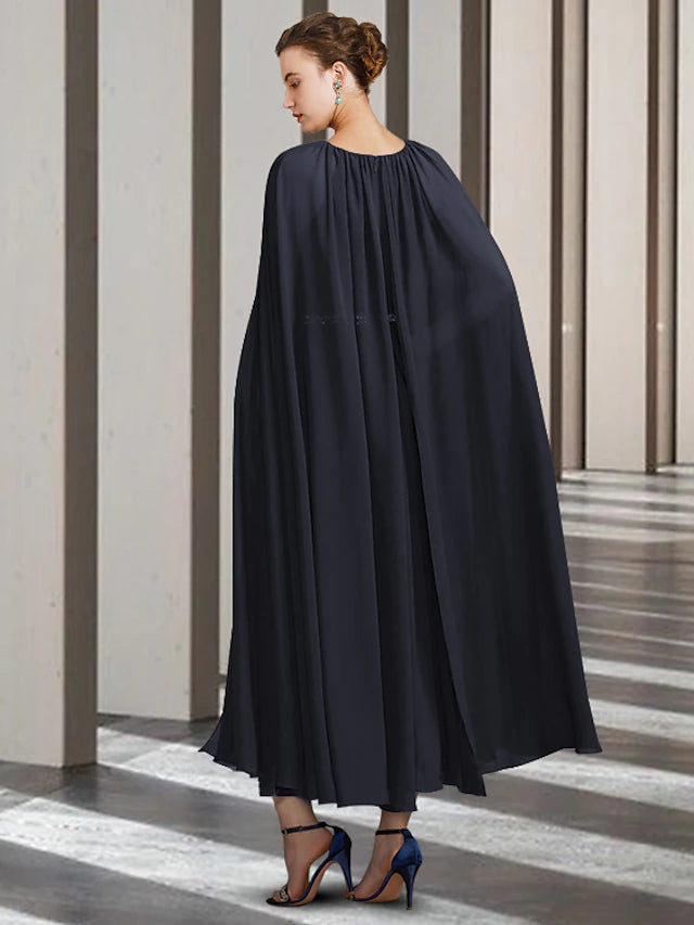 Luolandi A-Line Mother of the Bride Dress Elegant Jewel Neck Ankle Length Chiffon Sleeveless with Pleats Beading Crystal