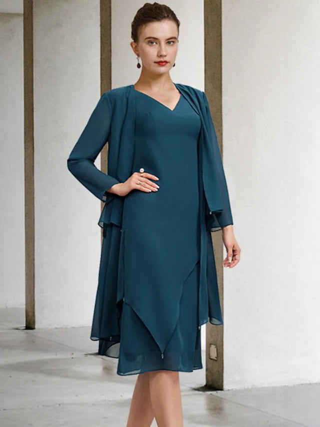 Luolandi Two Piece Sheath / Column Mother of the Bride Dress Church Vintage Elegant V Neck Knee Length Chiffon Sleeveless Wrap Included Jacket Dresses