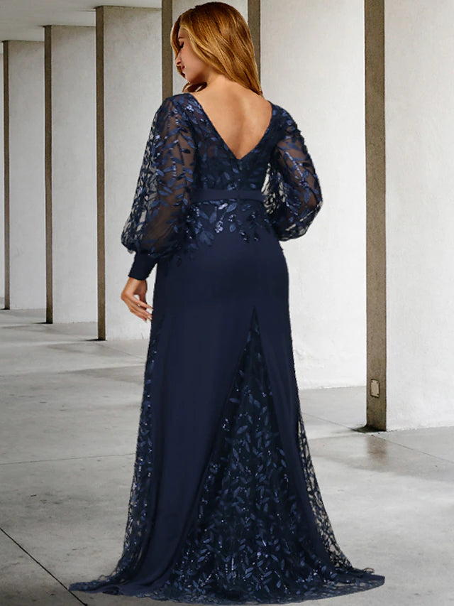 Luolandi Mermaid / Trumpet Plus Size Curve Mother of the Bride Dresses Vintage Dress Formal Sweep / Brush Train Long Sleeve Jewel Neck Chiffon with Sequin