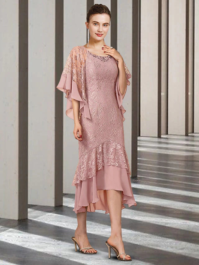 Luolandi Sheath / Column Mother of the Bride Dress Elegant High Low Jewel Neck Asymmetrical Tea Length Chiffon Lace Half Sleeve Wrap Included with Beading Ruffles