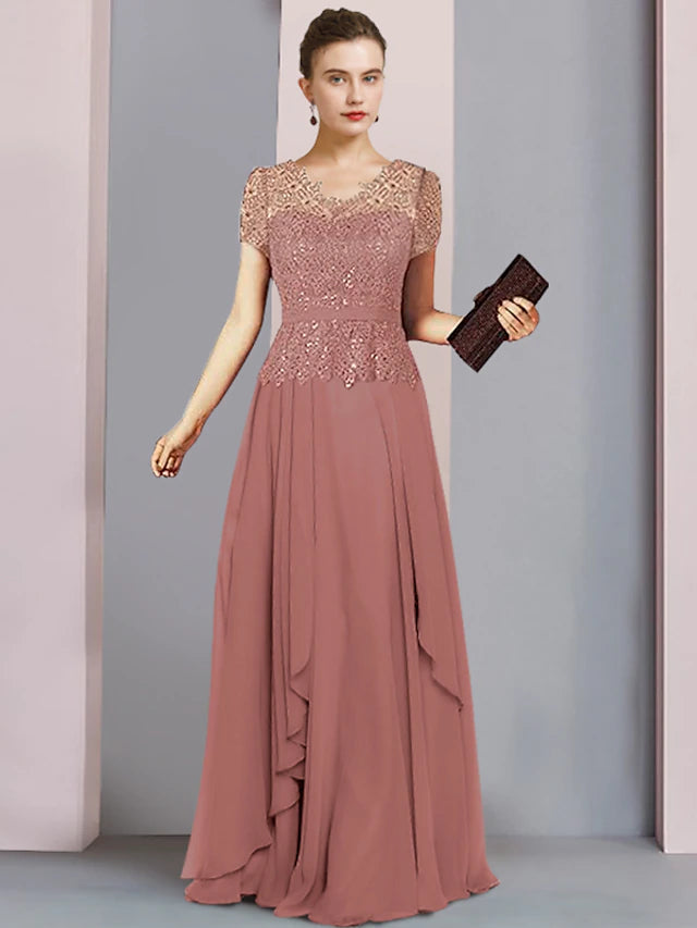 Luolandi A-Line Mother of the Bride Dress Formal Party Sparkle & Shine Elegant V Neck Floor Length Chiffon Sequined Short Sleeve with Pleats