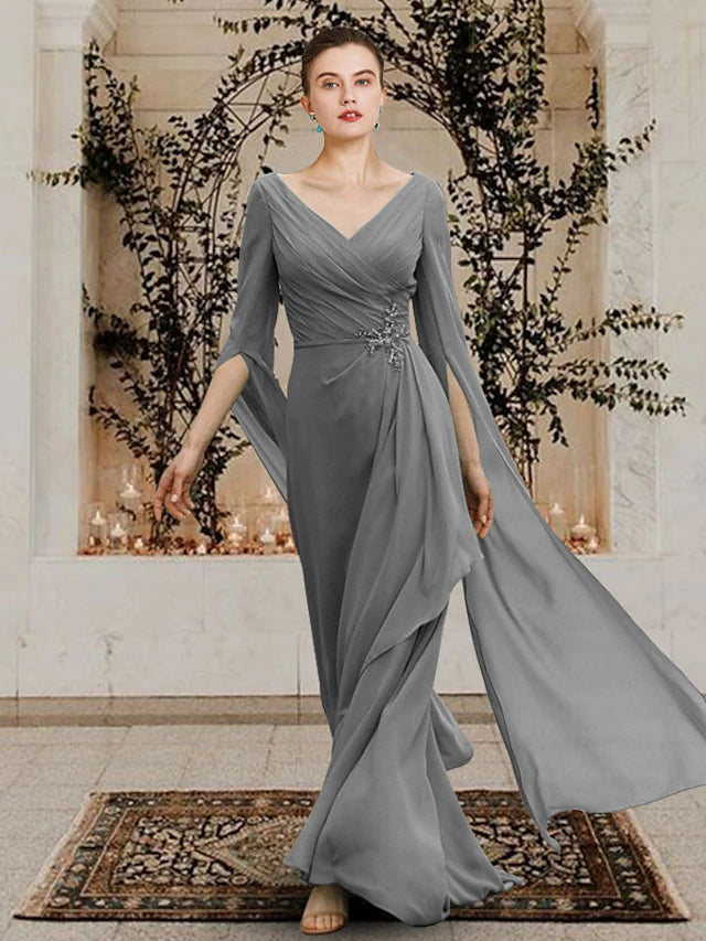 Luolandi Sheath / Column Mother of the Bride Dress Elegant V Neck Floor Length Chiffon Half Sleeve with Beading