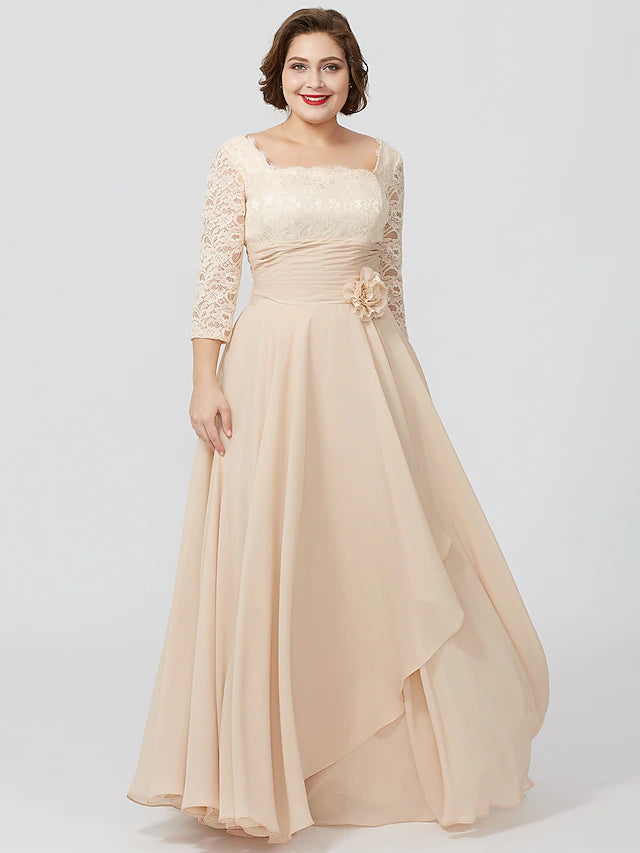 Luolandi Ball Gown A-Line Mother of the Bride Dress Formal Plus Size Elegant V Neck Floor Length Chiffon Sheer Lace 3/4 Length Sleeve with Appliques