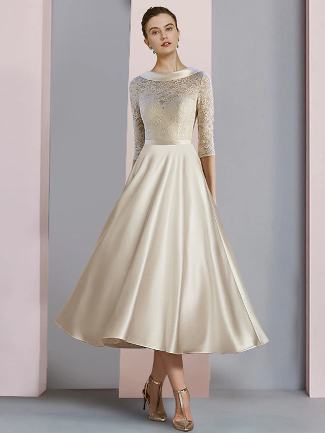 Luolandi Sheath / Column Mother of the Bride Dress Wedding Guest Party Elegant Scoop Neck Tea Length Satin Lace Half Sleeve with Bow(s)